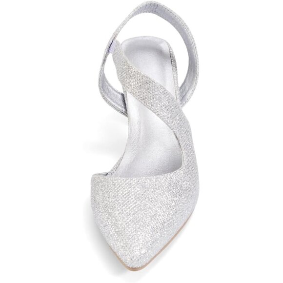 Rhinestone Kitten Silver Low Heel Sparkly Pumps for Women Dressy Wedding Shoes - Picture 9 of 9